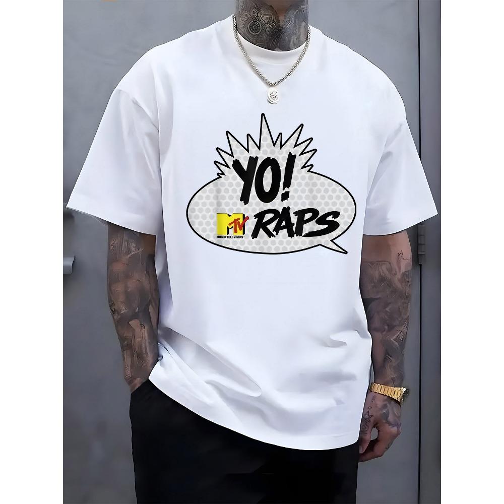 Men s YO! RAPS MTV Logo Graphic T-Shirt Casual Crew Neck Short Sleeve S