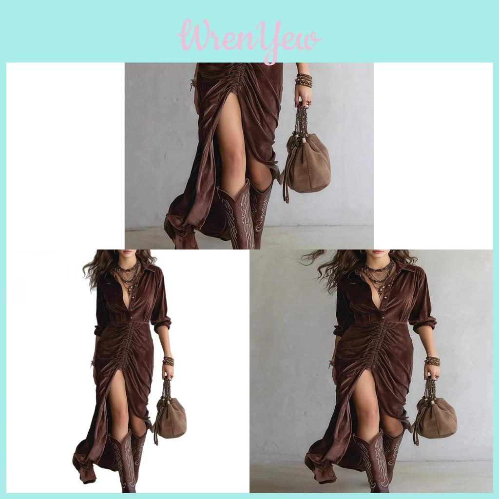 Velvet Long Dress With Ruffles And Split For Autumn Winter Art Vintage Style