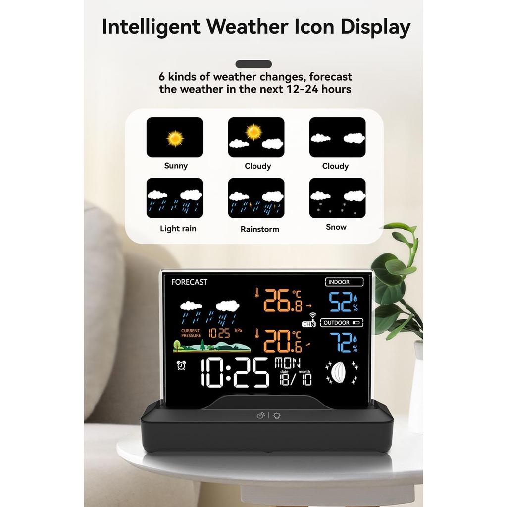 Wireless Weather Station Home RF Alarm Clock VA Color Screen In/Outdoor Thermometer Hygrometer with Weather Forecast 2025 New