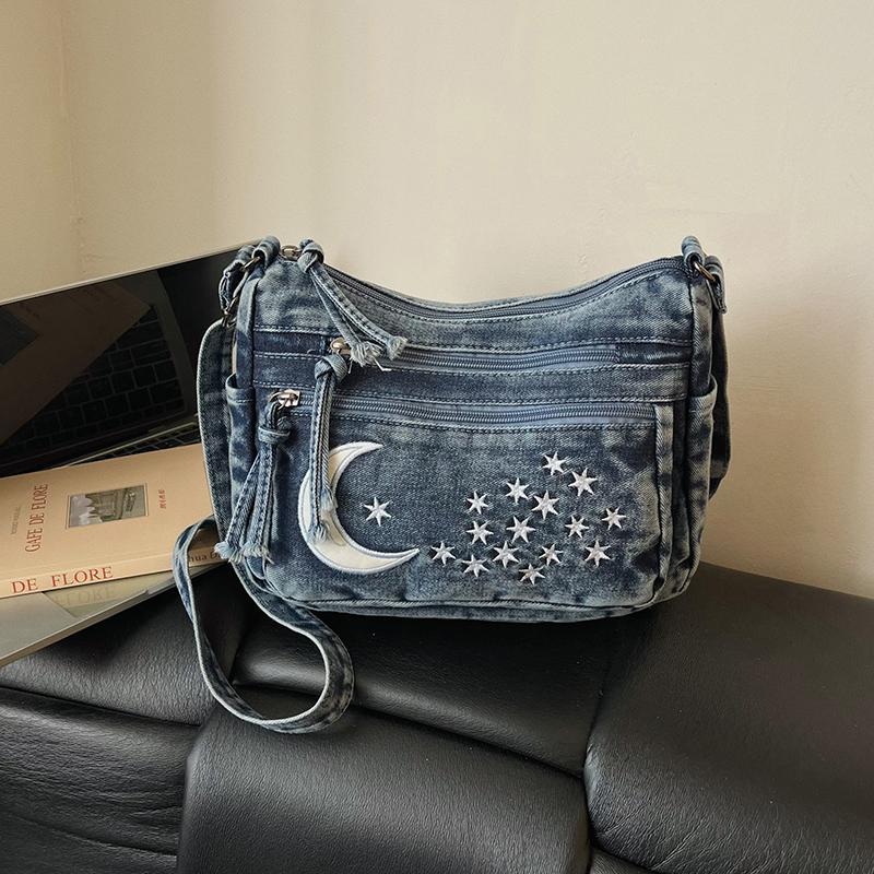 Borsa di Jeans a Spalla Singola Multi-cerniere Borsa a Tracolla Retrò Borsa per Mamma di Mezza Età