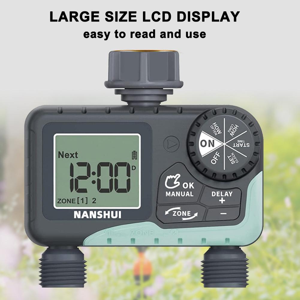 Dispositivo inteligente de control de riego de jardín con pantalla LCD de doble salida y ahorro automático de agua.