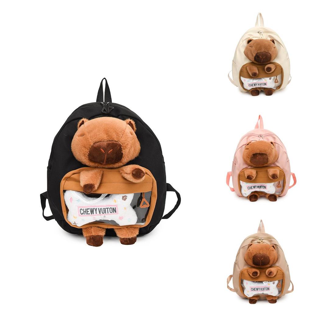 Adorable Capybara Pattern Nylon Backpack With Multiple Storage For Travel And School