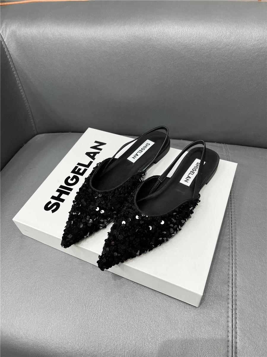 

Женская обувь, модные универсальные сандалии с острым носком на плоской подошве, маленькие парфюмерные сандалии с пайетками, элегантная и просторная нежная классическая женская обувь 40 чёрный