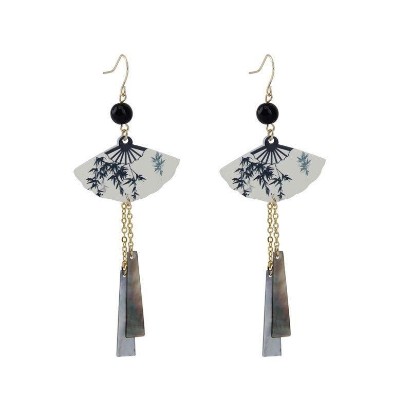 New Chinese Retro Chinese Style Fan-shaped Tassel Earrings Temperament Earrings New High-end Personalized Temperament Earrings