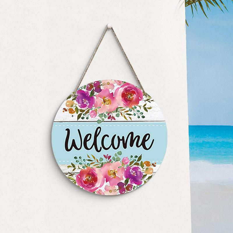 Flower Wooden Hanging Sign, Welcome Watercolor Floral Door Sign, 11.8"X11.8" Circle Farmhouse Rustic Front Door Hanger Sign