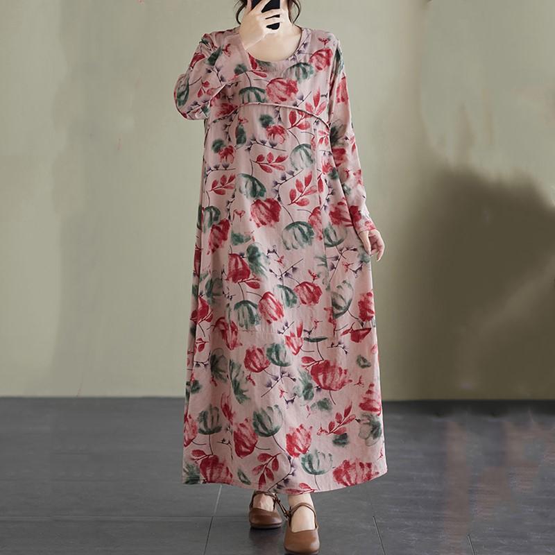 Langermet Plussstørrelse Bomull vintage blomstret ny i kjoler for kvinner avslappet løs vår høst kjole
