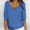 Women's Fashion Solid Color V Neck 3/4 Sleeve Pullover Knitted Shirt Top
