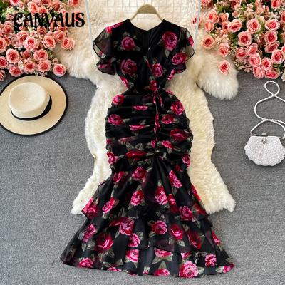 Leichtes Luxus-Chiffon-Kleid mit Bedruckung für Damen, Temperament, Rüschen, Fischschwanzkleid