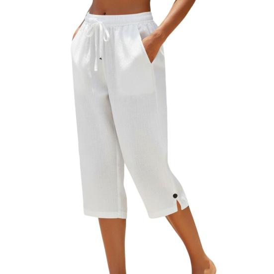 Women Cropped Pants Elastic High Waist Lace-up Straight Leg Casual Trousers with Pockets Breathable Summer Pants School Daily Wear