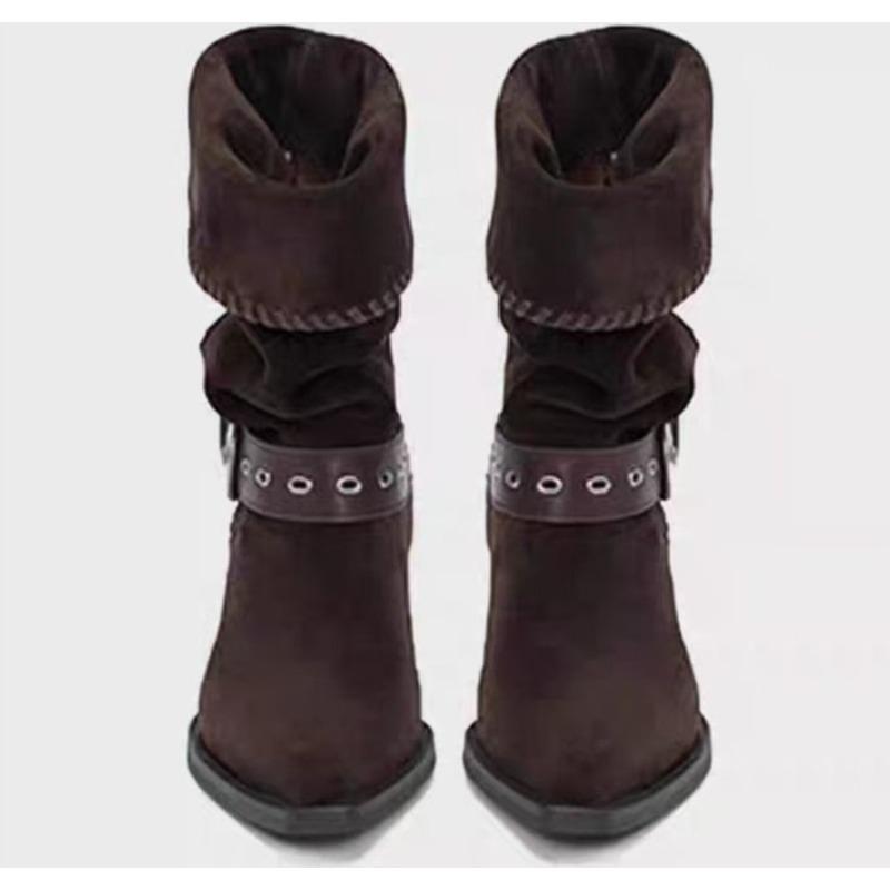 Móda Nový Styl Vintage Dámské Podzimní Vintage Špičatá Špička Semišové Cvočkované Kovová Spona Blokový Podpatek Westernové Kovbojské Boty Zapatos Mujer