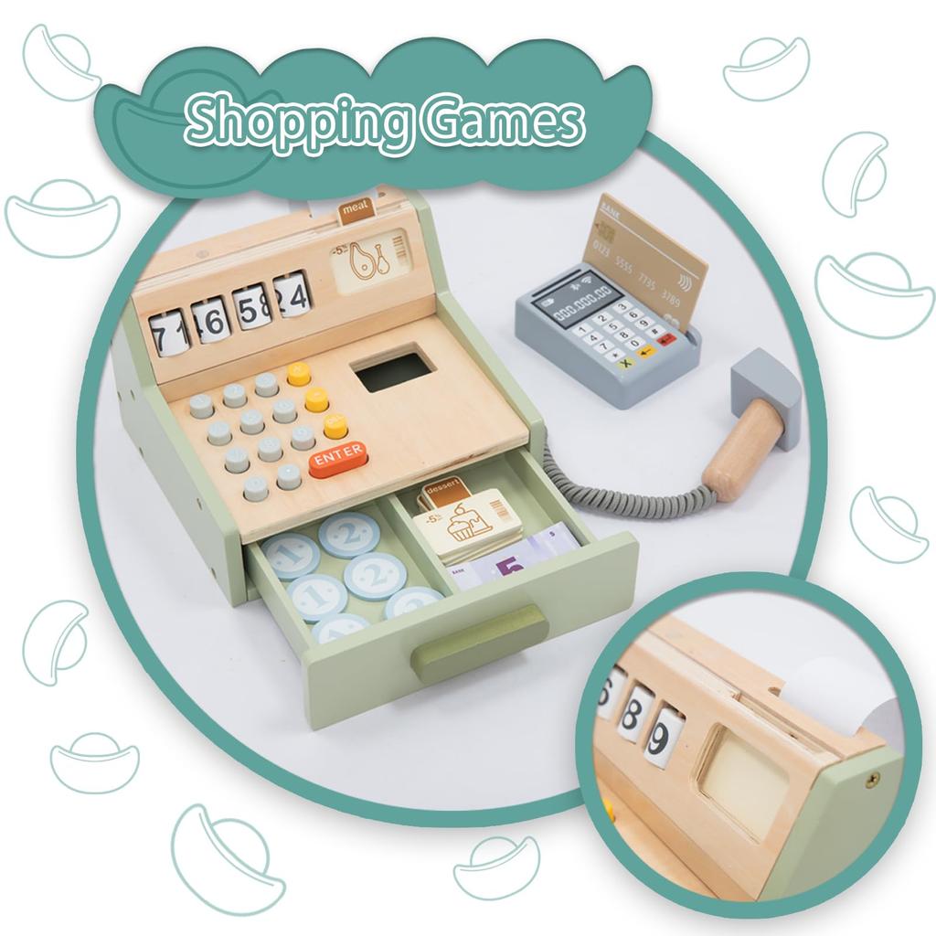UMU Cash Register Toy Self-Checkout Set - Pretend Play Shopkeeper - Wooden Toy with Money and Bills - 35 Pieces - Educational Toy - Shopping Together
