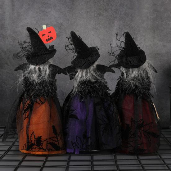 Halloween Witch Doll with Broom Small Witch Figurine with Gauze Skirt Spooky Table Centerpiece for Home Bedroom Desktop Decor