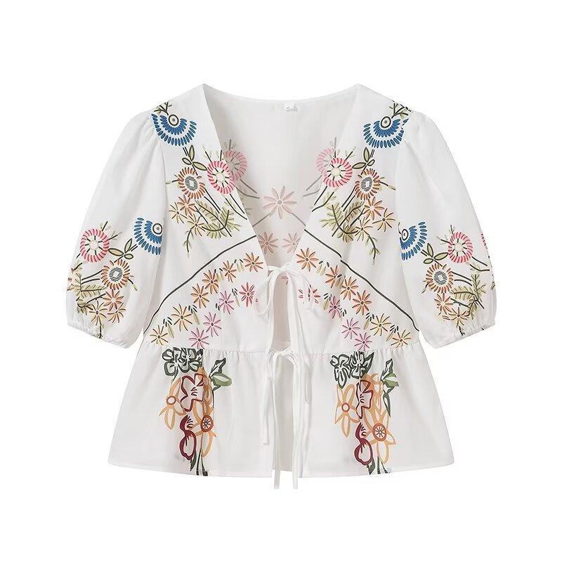 

Летняя женская уличная мода с V-образным вырезом и принтом на шнуровке с коротким рукавом L красный