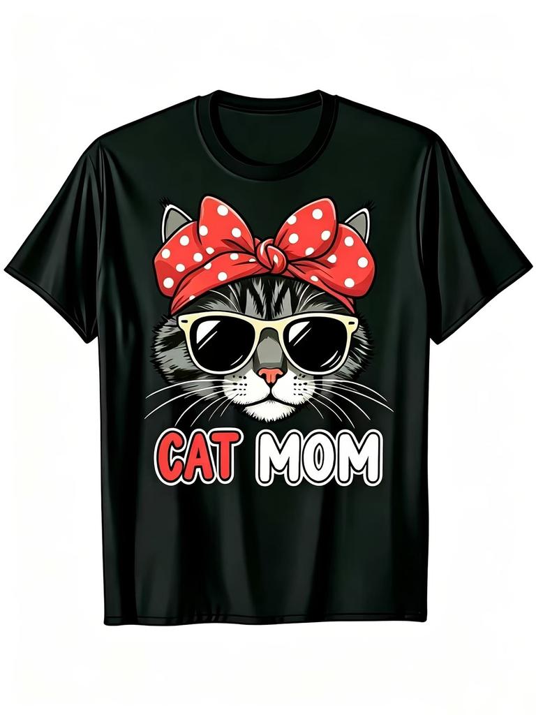 Cat Mom Tshirt | Short-Sleeve Crew Neck Tee With Stylish Cat Graphic