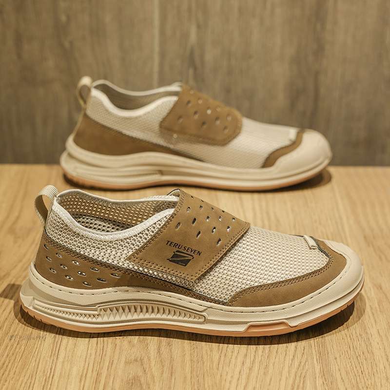 

Mesh shoes men s summer new breathable thin hollow one-pedal mesh shoes thick-soled non-slip wear-resistant soft-soled casual shoes 44 хаки