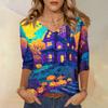 Women's Three-Quarter Sleeve V-Neck Top with Halloween Print for Casual