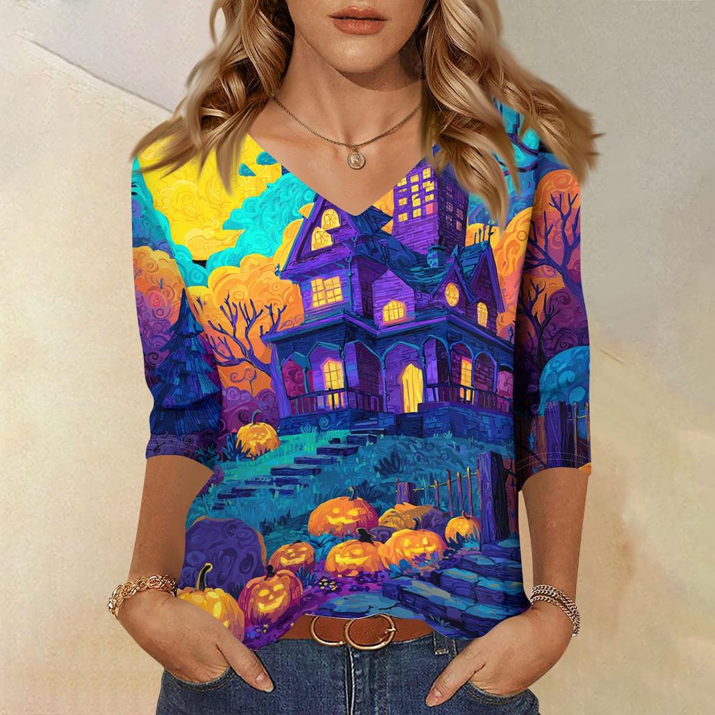 Women's Three-Quarter Sleeve V-Neck Top with Halloween Print for Casual