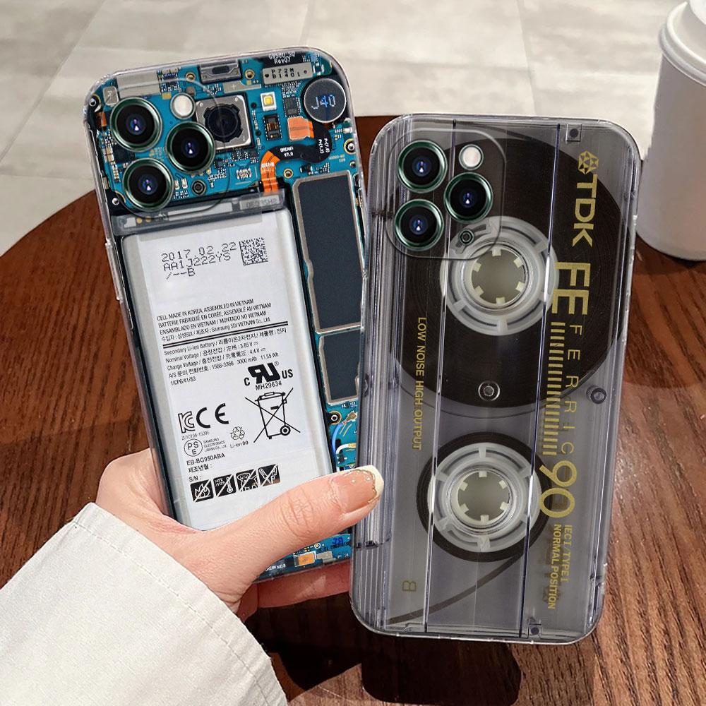 Cassette Music Tapes Circuit Board Camera Case For Apple iPhone 17 16 15 14 13 12 11 Pro Max 16 Plus 16E 17Air 17Pro Phone Cover