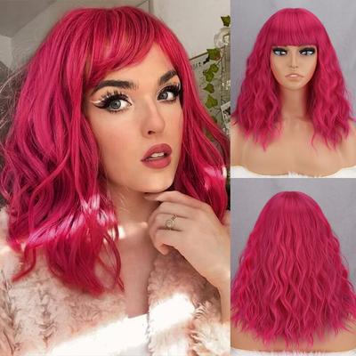 Short Bob Wavy Wig with Bangs Rose Red Color Women Fashion Shoulder Length Natural Wavy Synthetic Fiber Wig Cosplay