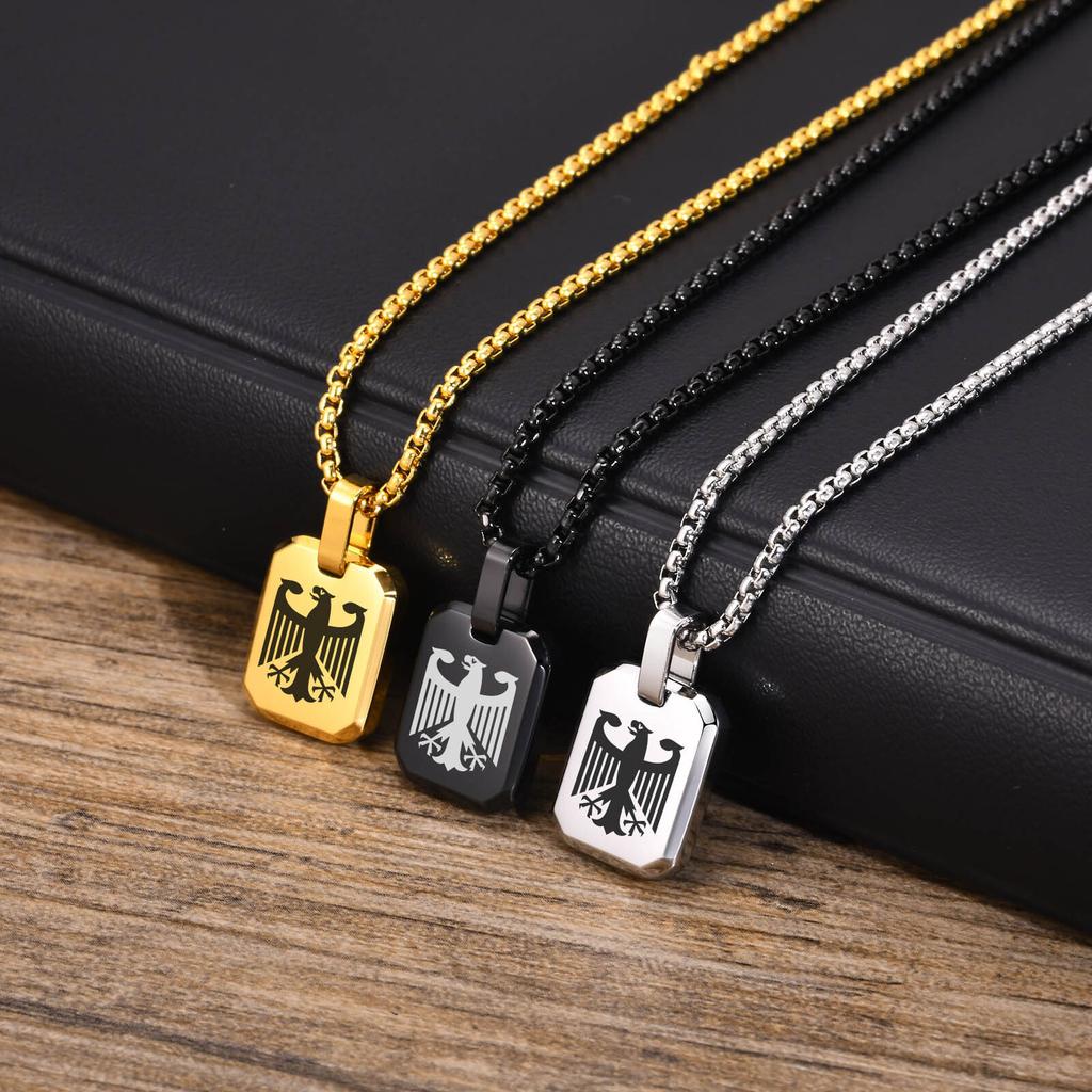 German Eagle Square Neckalces for Men, Stainless Steel Big/Small Dog Tag Pendant Necklace,Trendy Germany Jewelry Gift