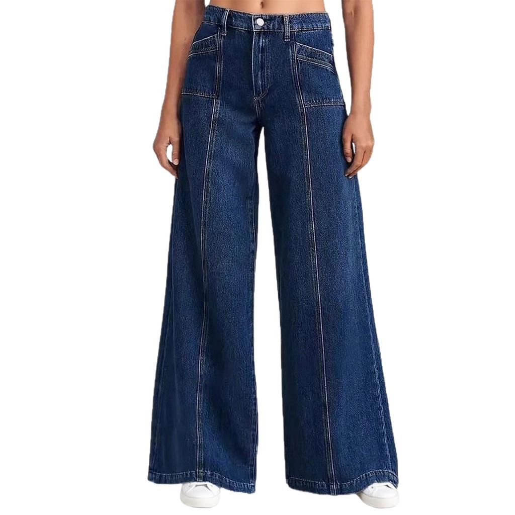 Women's Wide Leg Jeans High Waisted Stretchy Straight Leg Jeans Trendy Seamed Front Loose Denim Pants