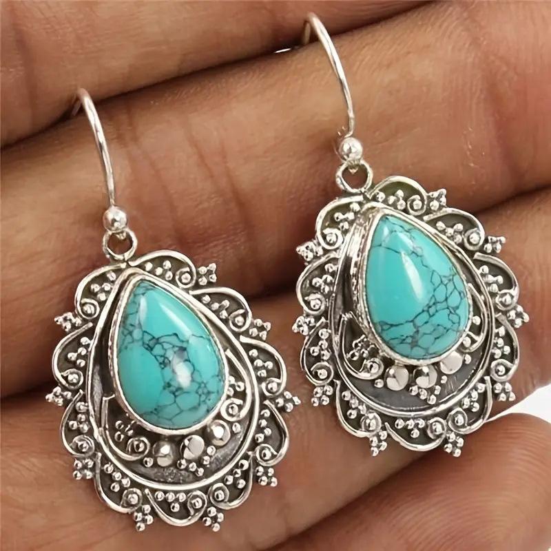 Silver Teardrop Turquoise Boho Drop Earrings, Vintage Ornate Filigree Hook Earrings for Women
