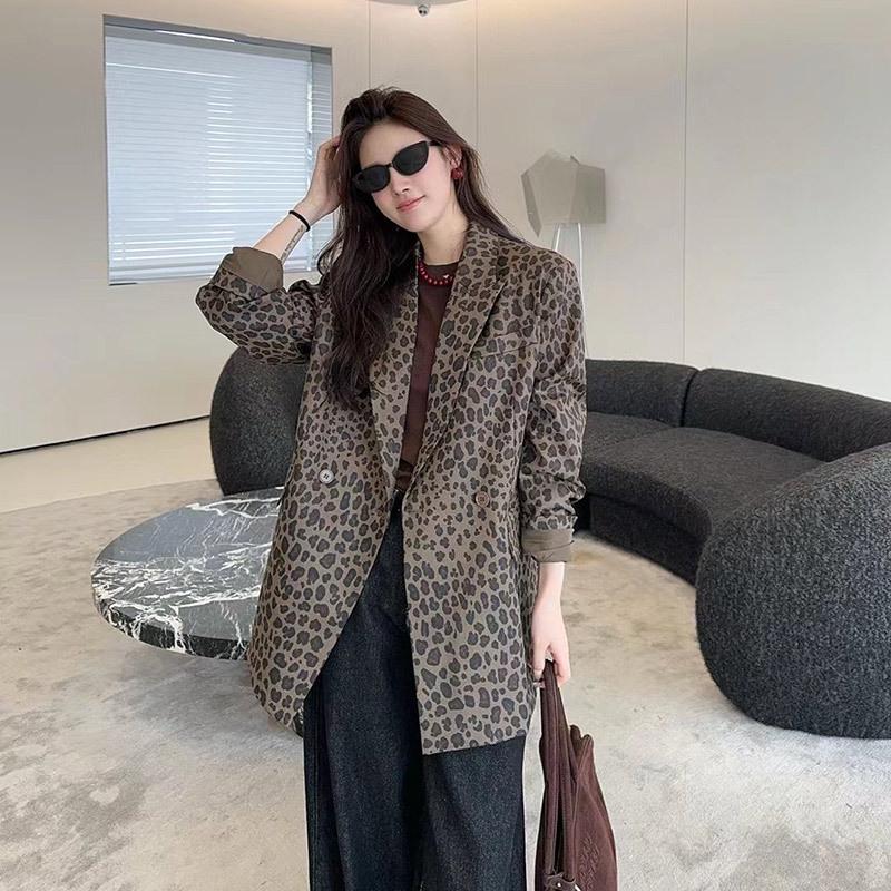 Plus Size Leopard Print Mid-Length Casual Blazer for Women - Spring Fashion