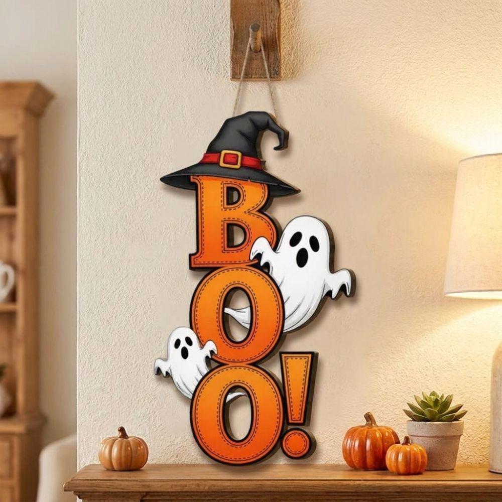 Gothic Ghost Witch Hat Door Hanger Wooden BOO Letter Wall Ornament  Kitchen Hanging