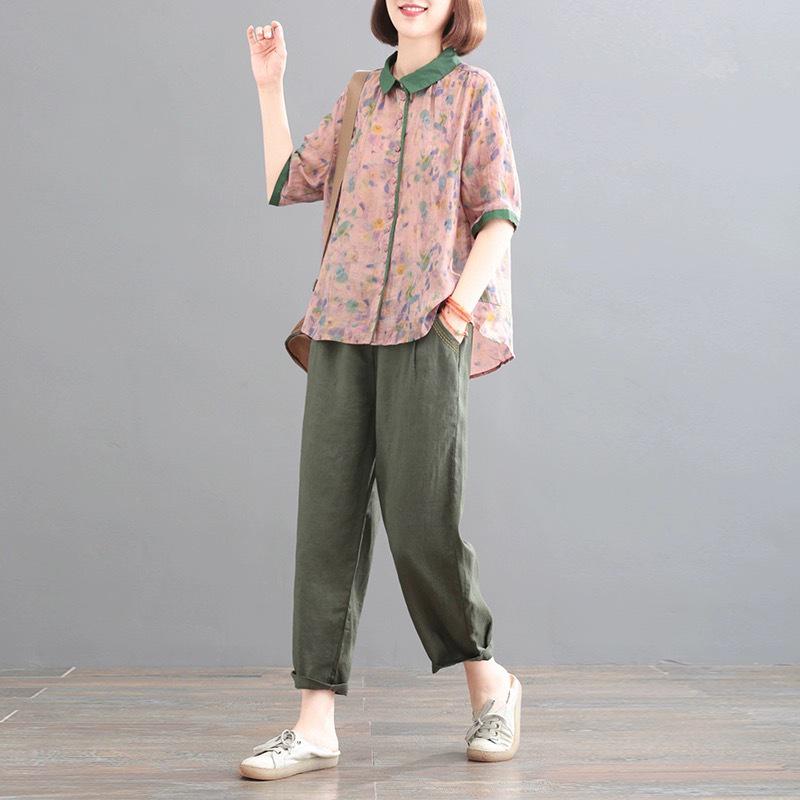 2025 Korean Plus-Size Retro Print Two-Piece Set for Women