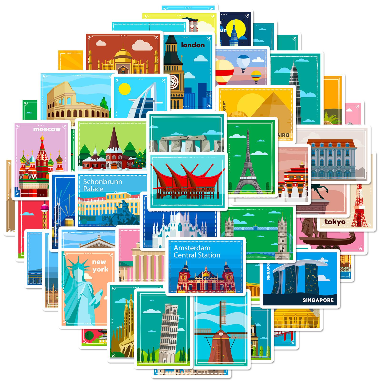 

50 Posters Landmark Stickers Travel Diary Oil Painting Style World Landmark Architecture Travel City Posters