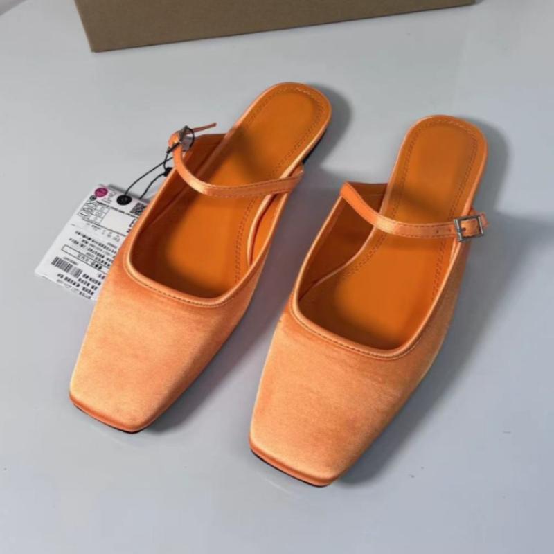 Módní letní ploché sandály Dámské 2025 Nové Čtvercová špička Pásek s přezkou Prodyšné Saténové Volnočasové Slingbacky Chic Mules Boty pro dámy