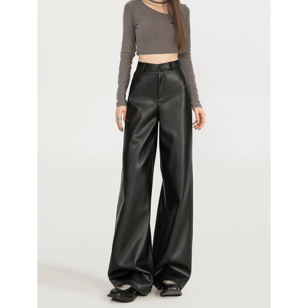 Korean Style Versatile Leather Wide-Leg Pants for Curvy Women - High Waist, Slimming, Black, Spring/Autumn.