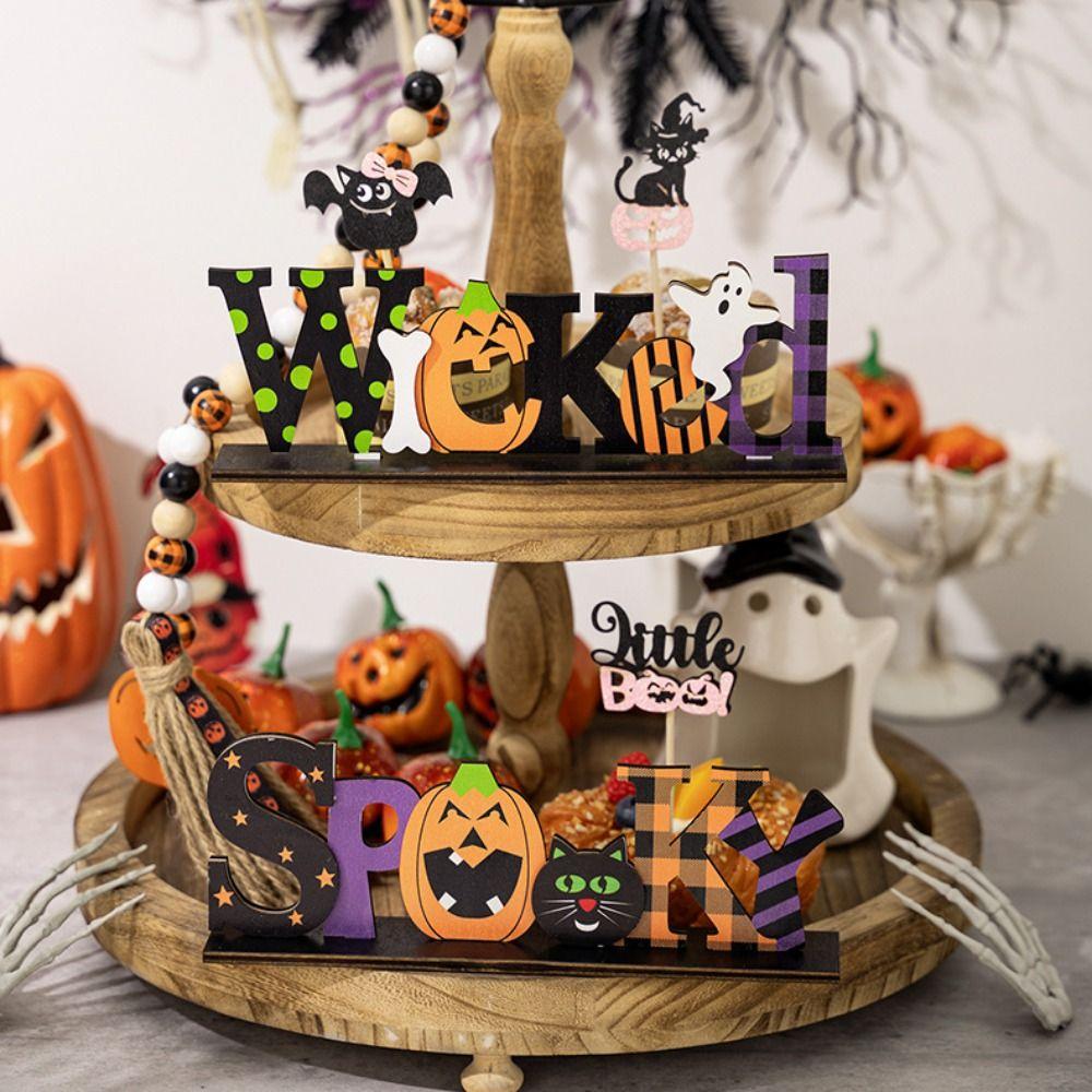 2pcs Scary Wooden Pumpkin Decoration Cartoon Halloween Cat Ornaments  Rustic Farmhouse