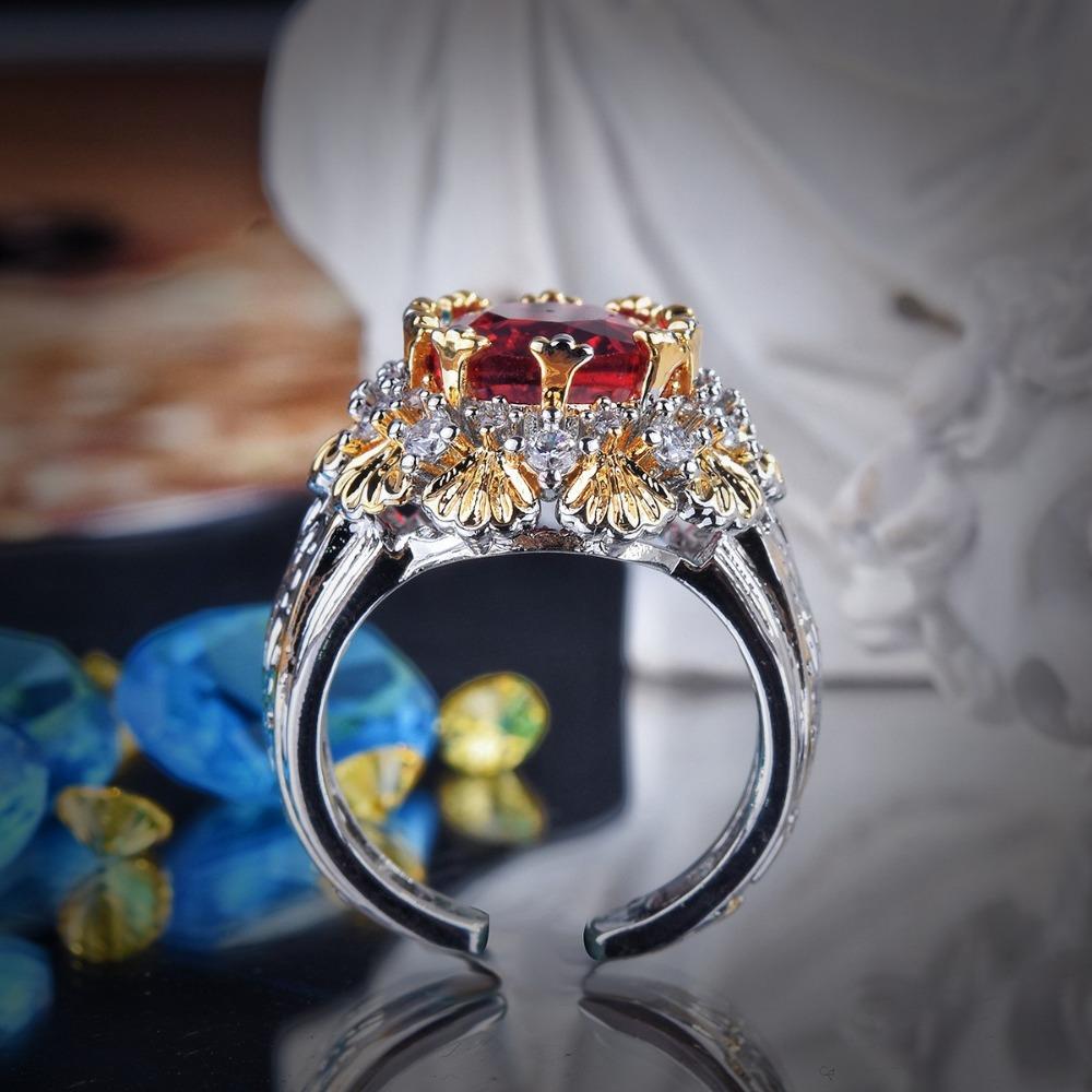 Vintage Textured Ruby Crown Ring Antique Two Tone Gold Jewelry Handmade for Women