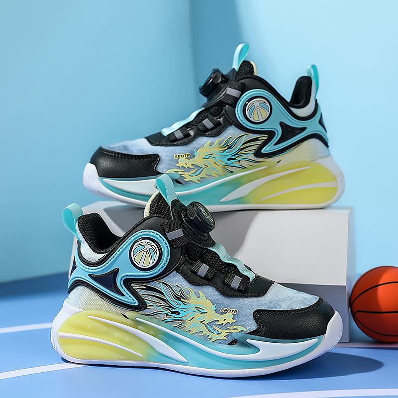 Boys' shoes Spring and Autumn 2025 new mesh breathable rotating button medium and older children's basketball shoes casual soft-soled sports shoes