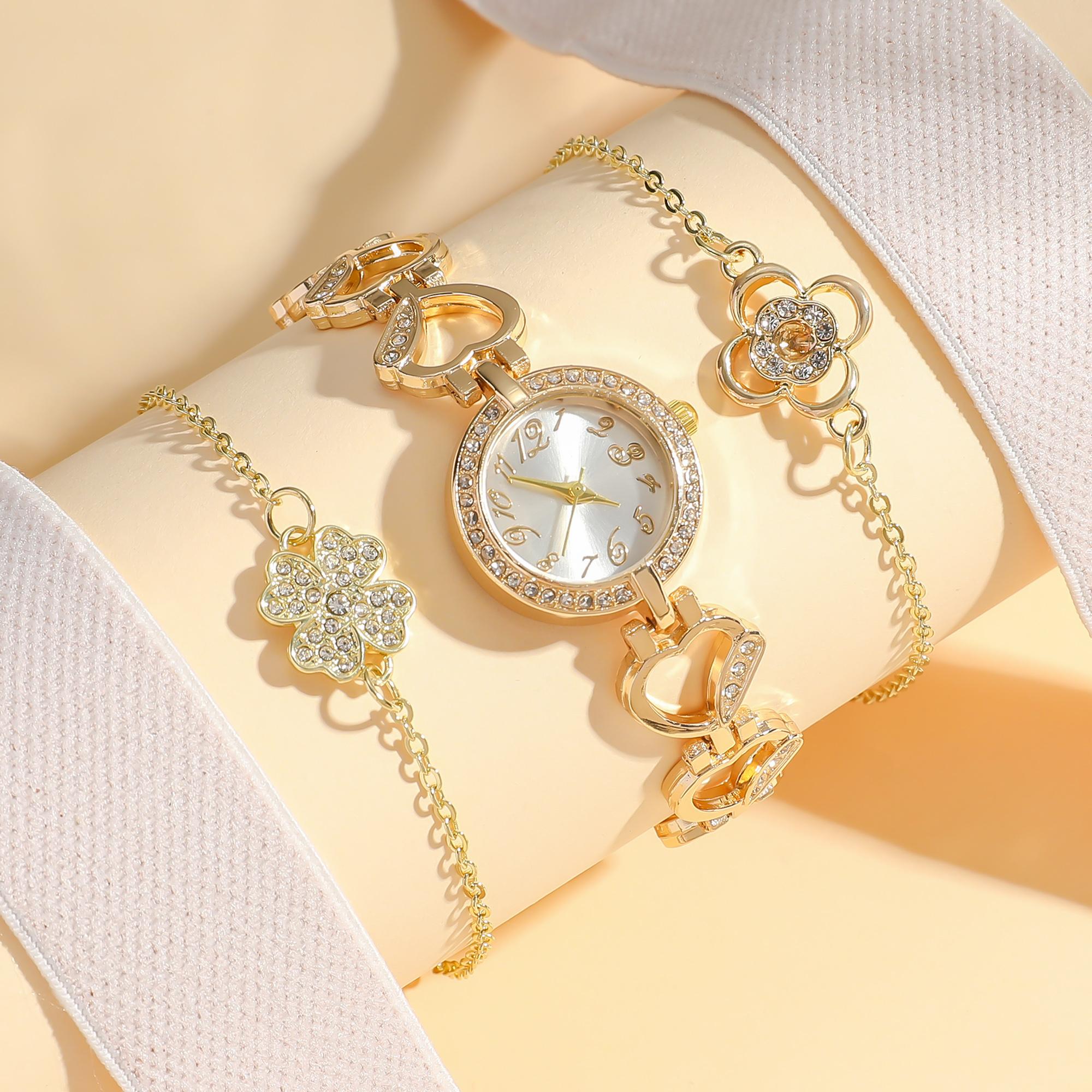 

No gift box Fashion heart-shaped diamond hollow bracelet flower diamond watch diamond four-leaf clover bracelet 3 sets золотой