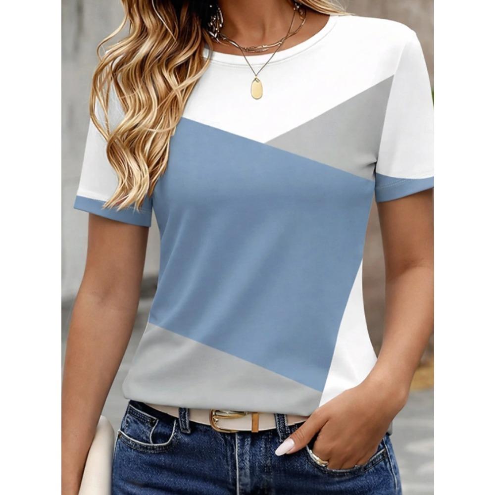 Fashion Women Retro Creative Color-blocking Print T Shirt Funny Casual O-neck Short Sleeves T-shirt Summer Female Tee Shirt