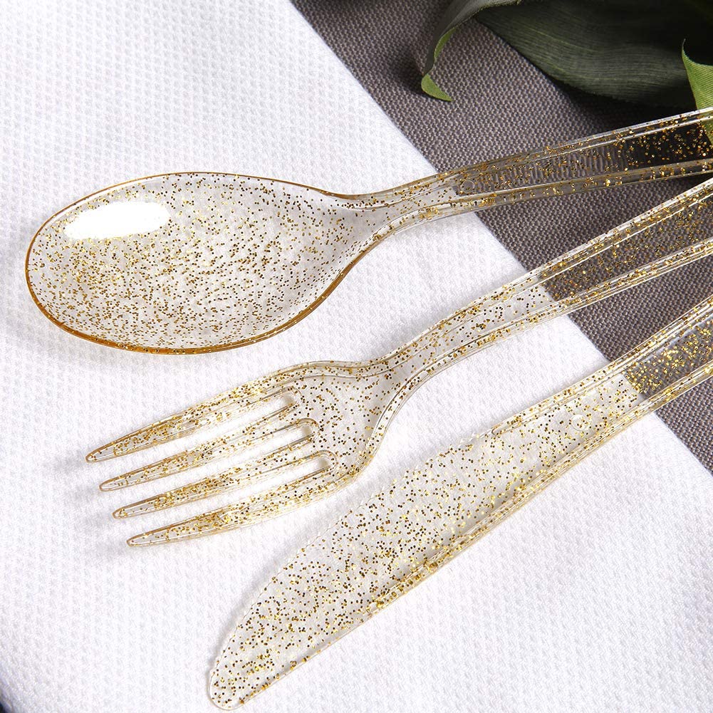 75pcs Gold Plastic Silverware- Disposable Gold Glitter Plastic Cutlery- Plastic Flatware Includes 25 Forks, 25 Spoons, 25 Knives