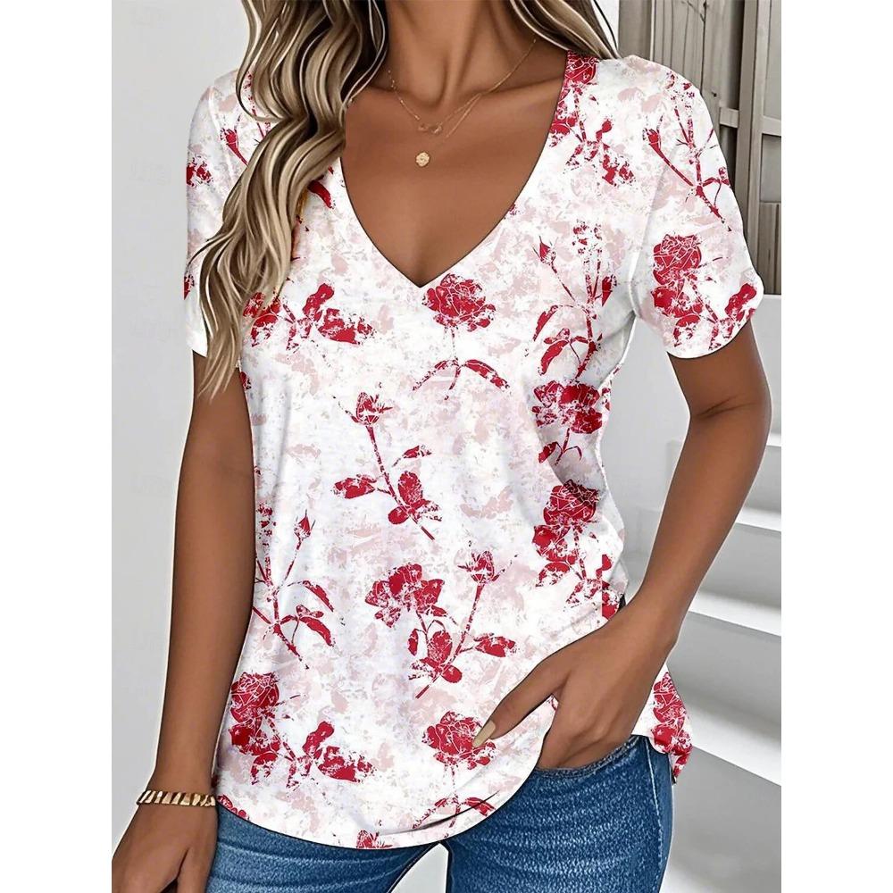 Women's Summer T-shirt Plant Flower Print Retro Fashion Casual Short-sleeved Street V-neck Women's Clothing