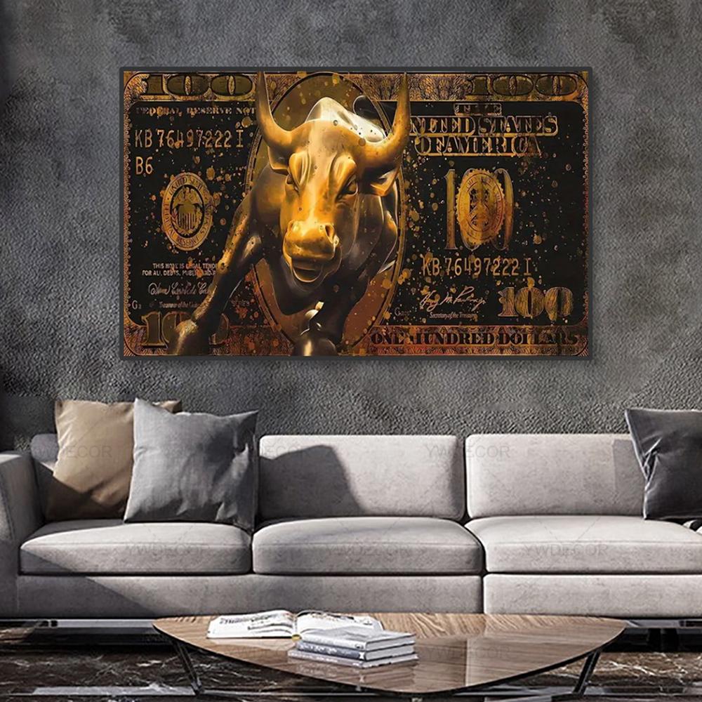 Golden Bitcoin Bull Bear Wall Street Bull Investment Wall Art Wealth Investing Poster for Room Office Decor Gift