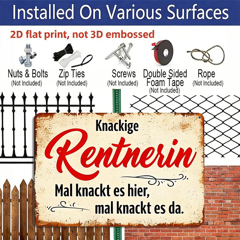 2D Flat 1pc Vintage German Metal Wall Sign "Knackige Rentnerin" (Clever Pensioner/Retired Lady) - 12"x8" Aluminium Retro German Text Plaque for Home