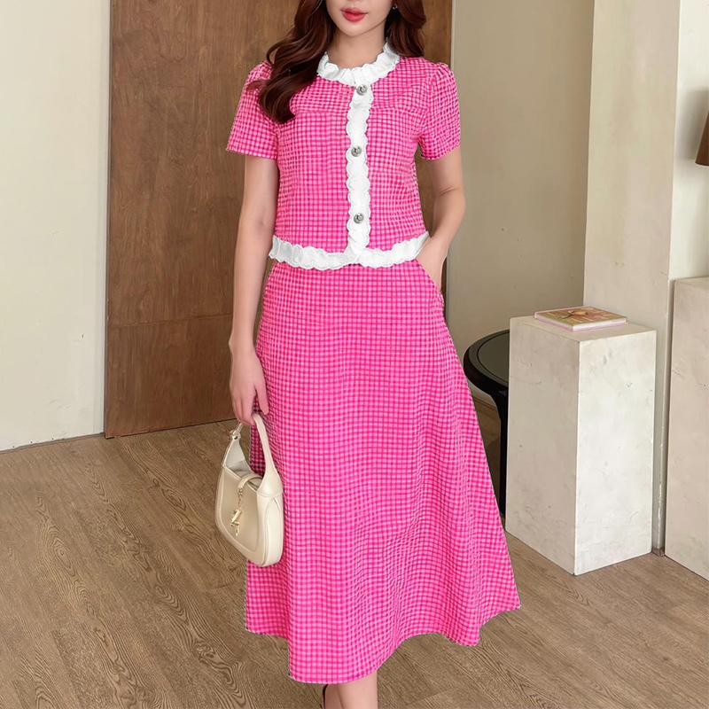 ZANZEA Women Short Sleeve Blouse and Long Skirts Plaid Print Two Piece Suit Sets