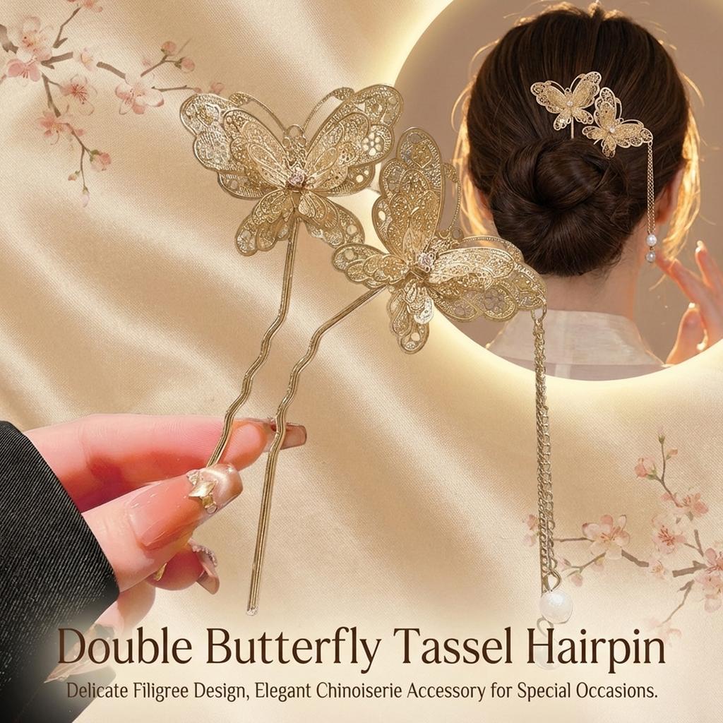 New Chinese Style Metal U-Shaped Butterfly Tassel Hair Stick For Women Elegant Simulated Pearl Hairpin Hair Accessories Gift