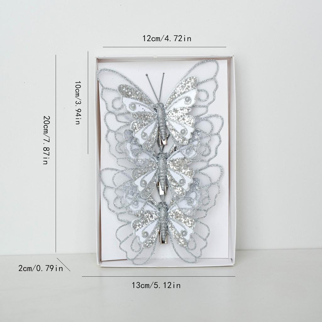 3PCS simulation double layer sequin feather butterfly pendant Christmas tree decoration pendant combination set  embellishment