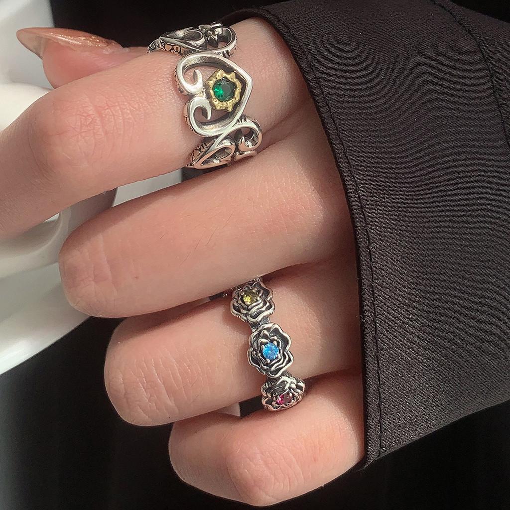 Elegant S925 Silver Rainbow Zircon Rose Flower Hollow Heart Adjustable Ring For Women