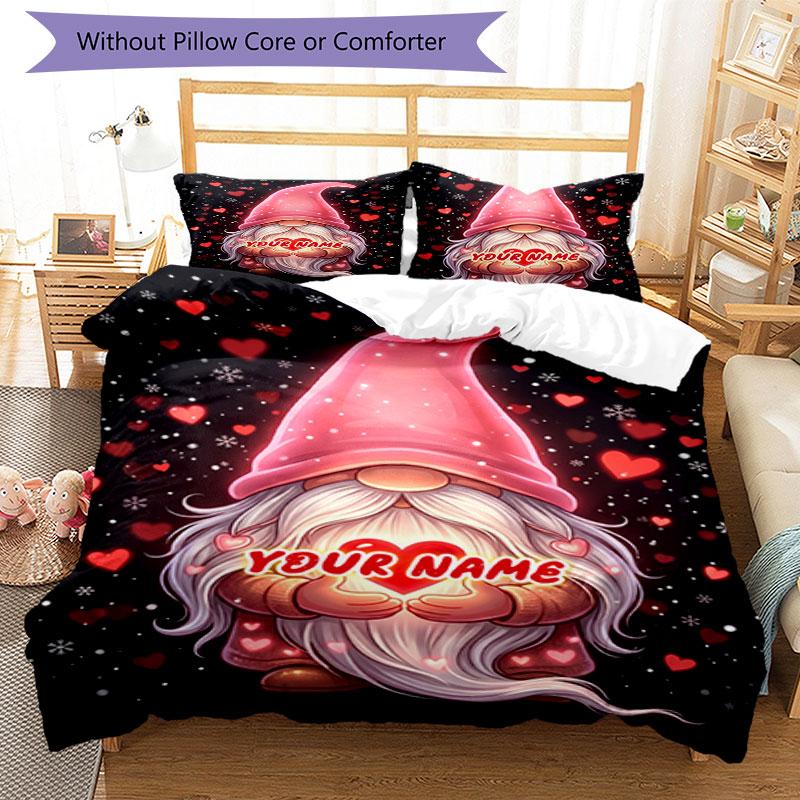 3PC Custom Name Love Gnome Art Bedding Set Duvet Cover Closure Includes 1 Duvet Cover & 2 Pillowcases for Bedroom