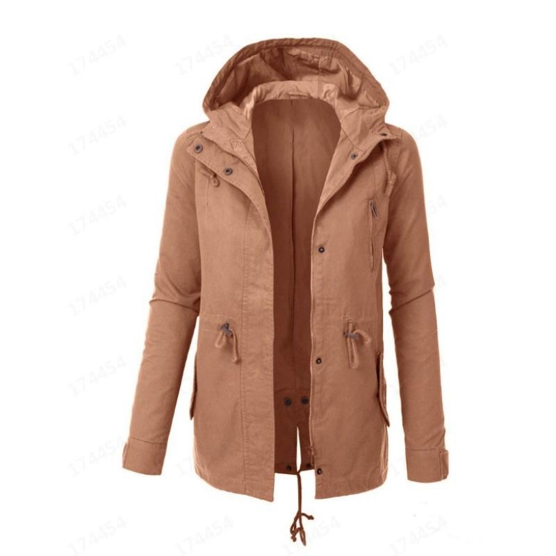 Damen Herbst- und Winter einfarbige Kordelzug Schlitz mittellange Kapuzenjacke Windbreaker Mantel