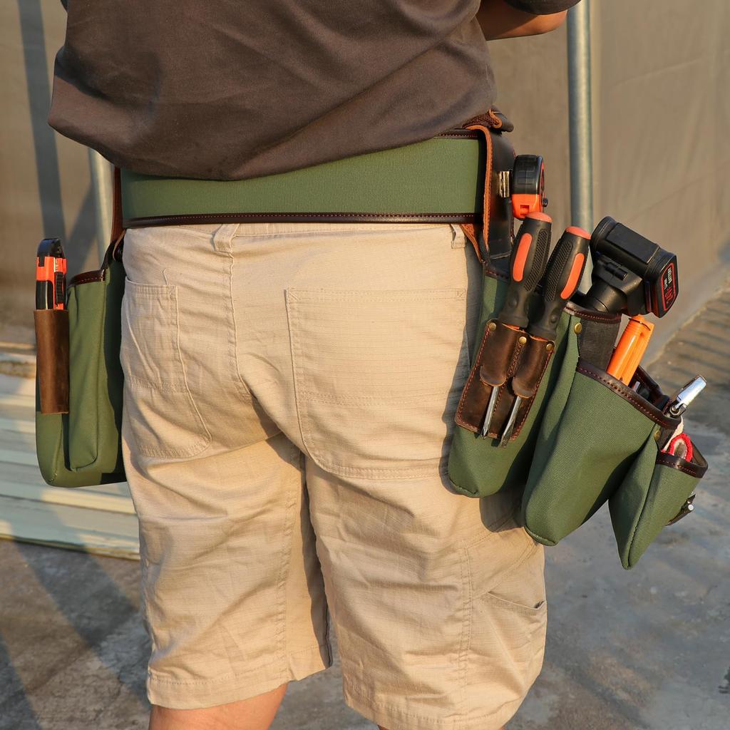 TOURBON Tool Belt, Large Capacity Tool Pouch, with Belt, Canvas and Leather, for Construction Site Work, Electrical Work, DIY, Repairs