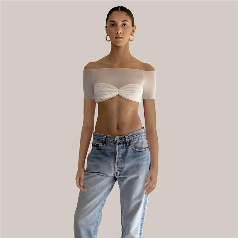 Durchsichtiges Netz-Crop-Top Damen Pullover Trägerlos Kurz Strick Crop-Tops Damen T-Shirt Sexy Schulterfreies T-Shirt