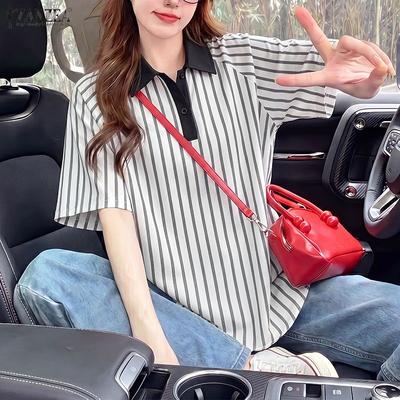 Women Splice Turn Down Collar Loose Short Sleeve Stripe Blouse